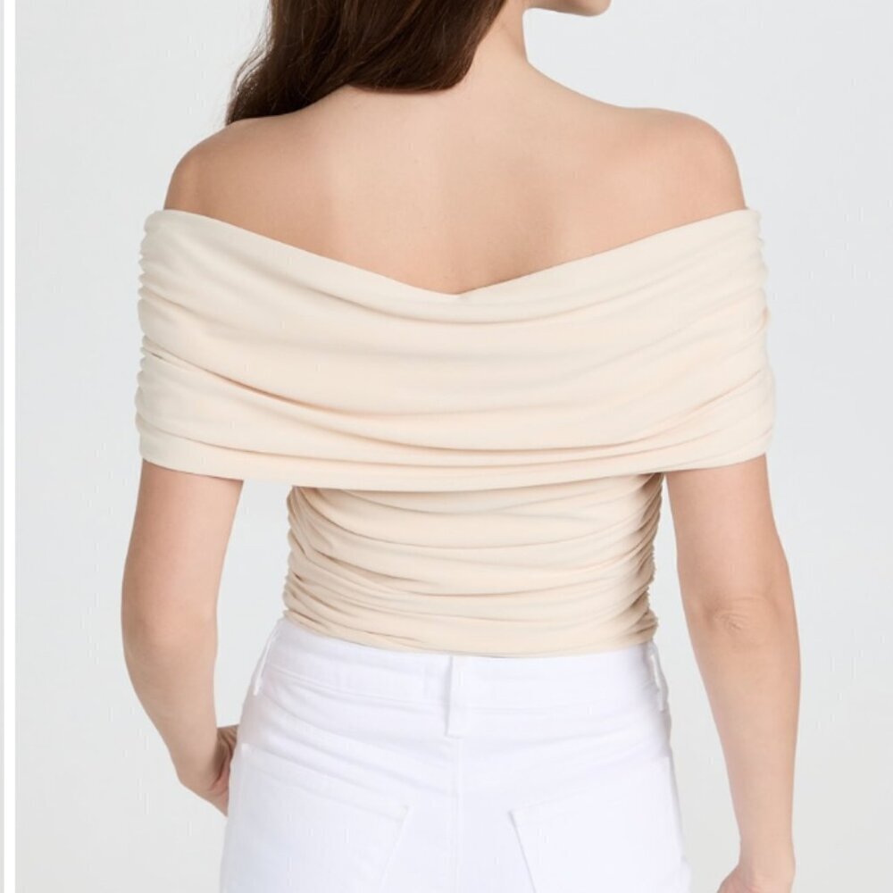 Pixie Market | Riva Ruched Off The Shoulder Top Crepe Jersey Beige Size M - Picture 12 of 12